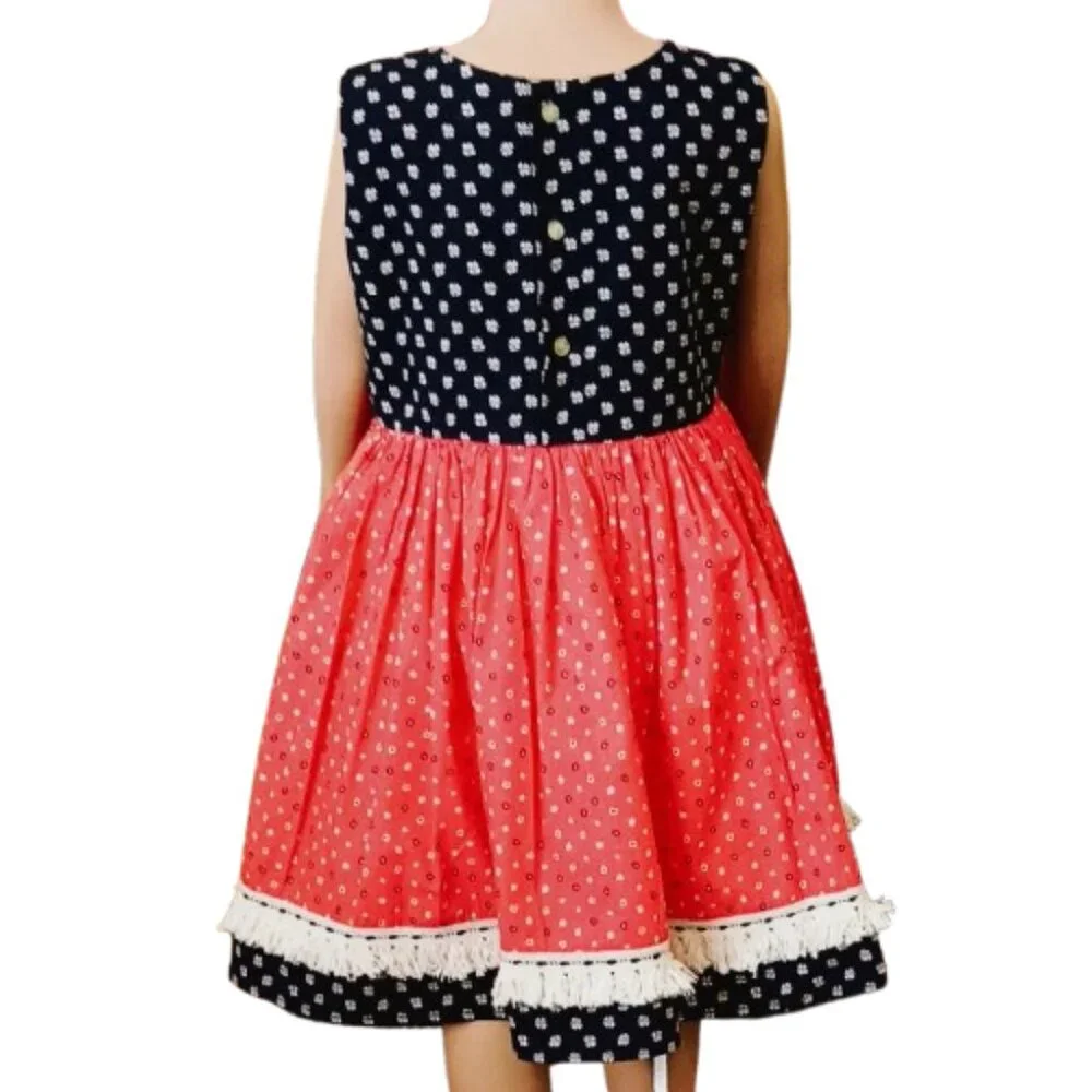 Haute Baby Peasant Floral Dress 7 Blue Orange Short Sleeves Ruffle & Fringe Hem